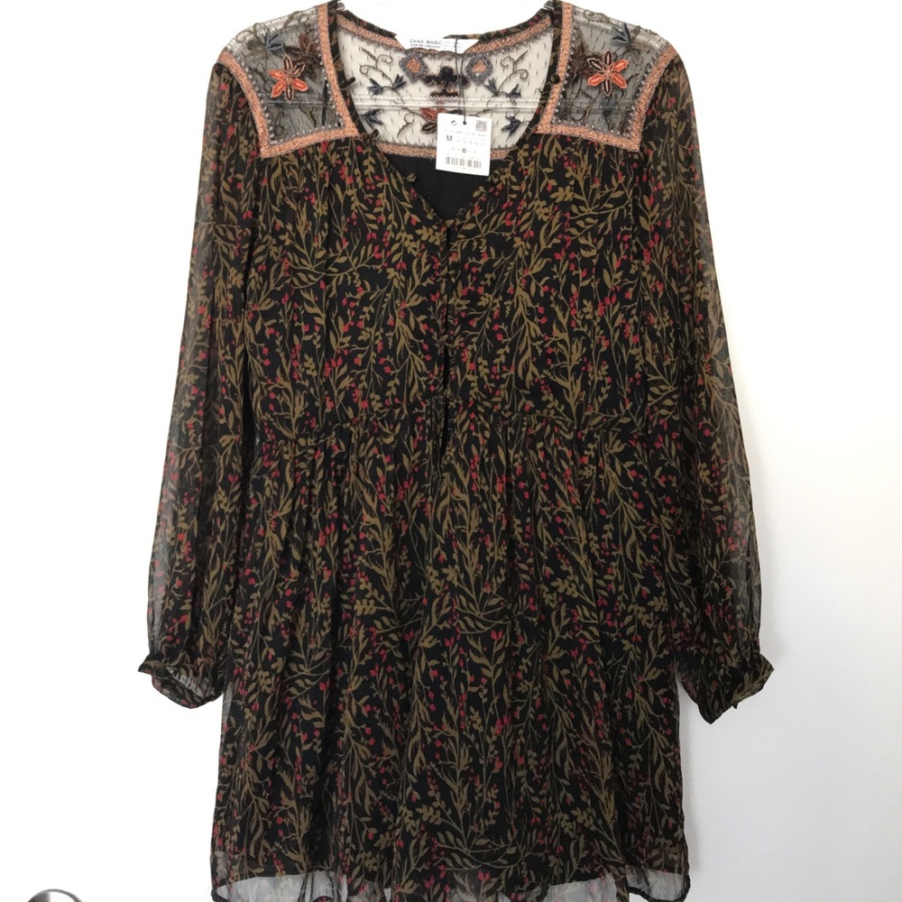 Zara Long Sleeve Button Dress W/Sheer Collar NWOT